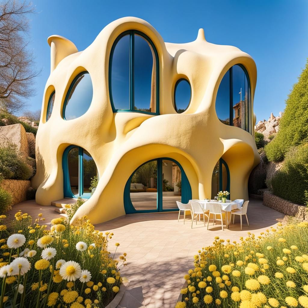Gaudi-Style House with Flower Garden on Sunny Day