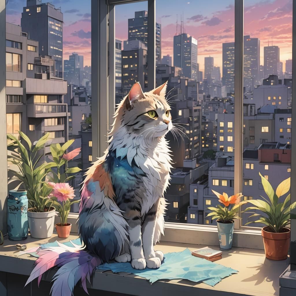 Anime Key Visual: Cat-Bird Creature in Tokyo Apartment