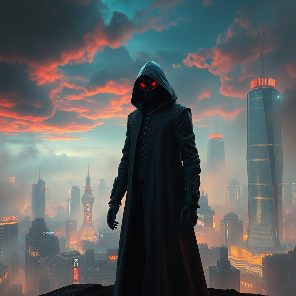 Android Figure in Cyberpunk Metropolis