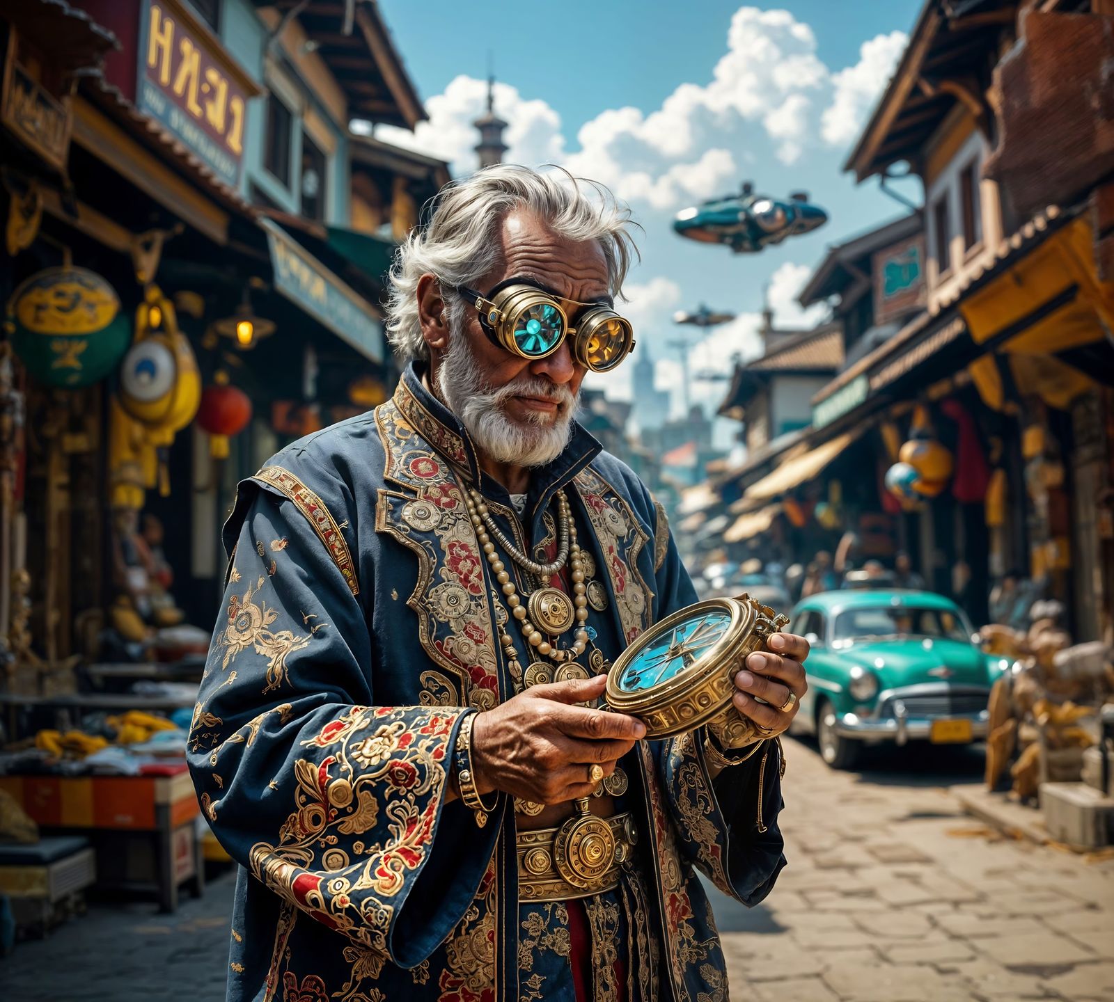 Steampunk Suriname: Elderly Man in Futuristic Marketplace