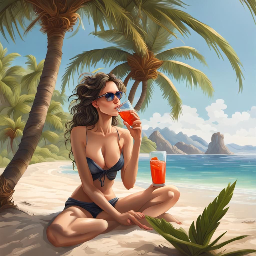 Woman on Island Beach in Expressionist Painting