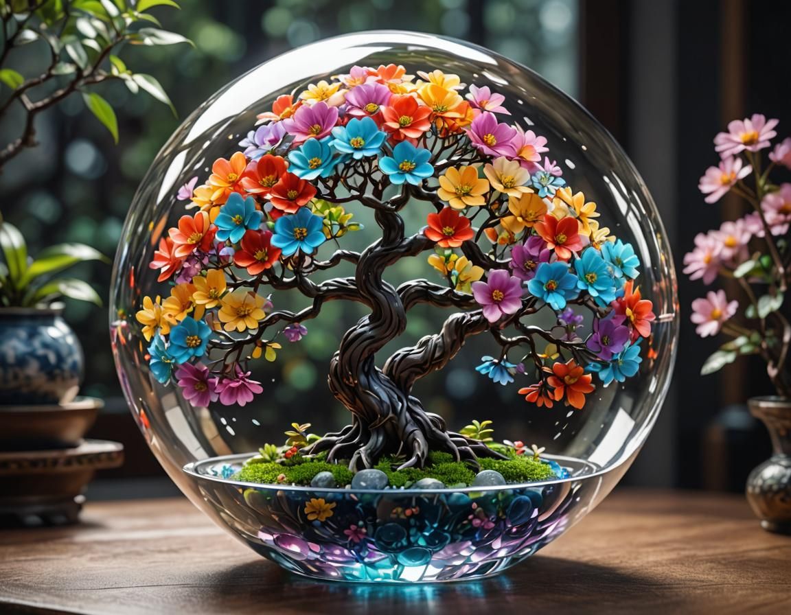 Crystal Bonsai Tree in Glass Bubble: 3D Anime Art