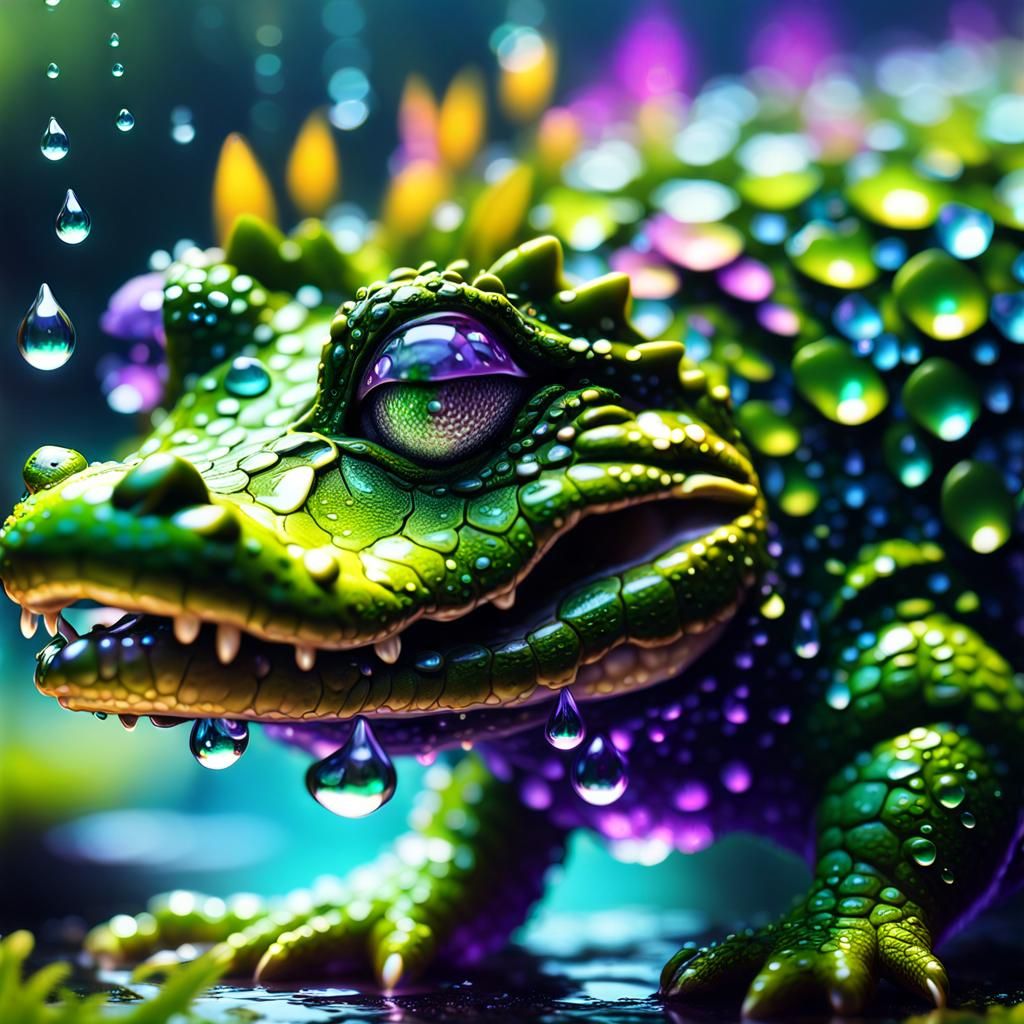 Mossy Baby Alligator with Glowing Violets