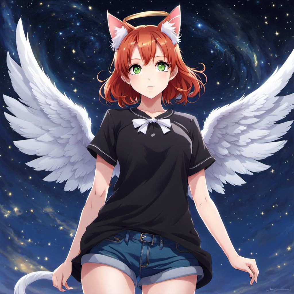 Anime Angel with Cat Ears in Starry Night