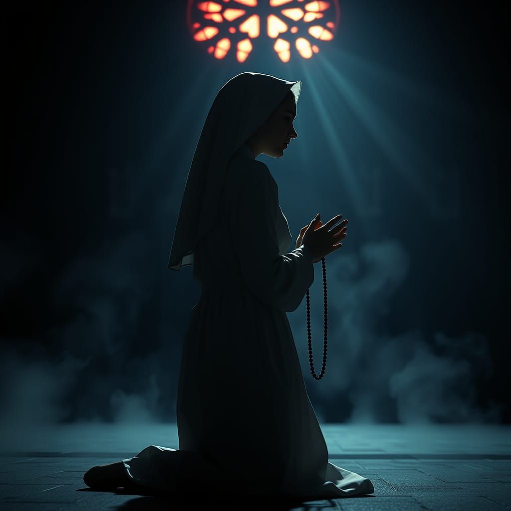 Nun Praying in Gothic Cathedral, Cinematic Film Still