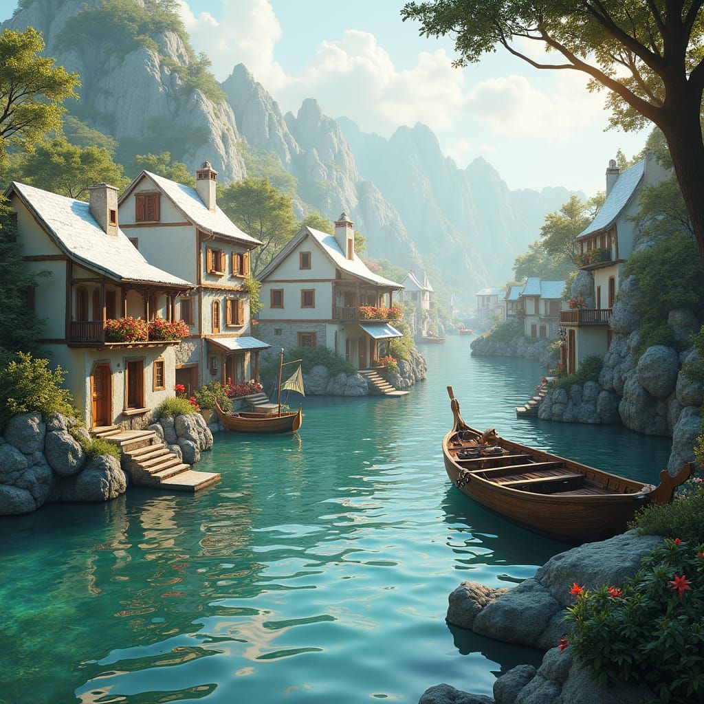 Snow-Capped Fishing Village in Breathtaking Hyper-Detailed E...
