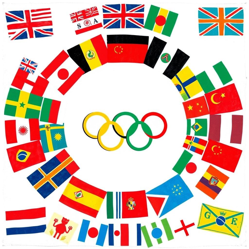 Whimsical Olympic Logo with Country Flags in Modern Art Styl...