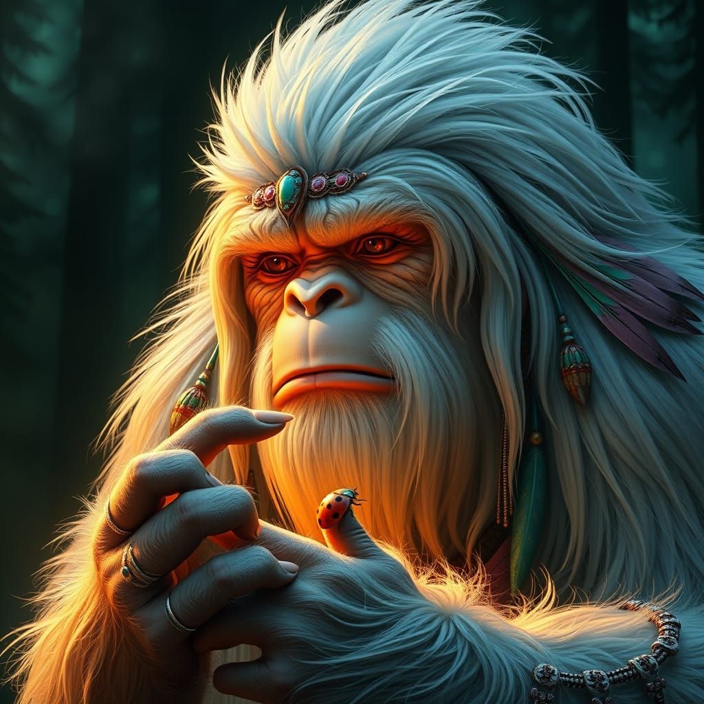 Majestic White Sasquatch with Ladybug in Golden Forest