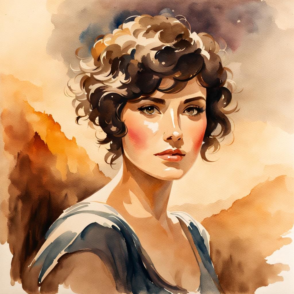 Watercolor Pixie Cut Portrait in Moran Style