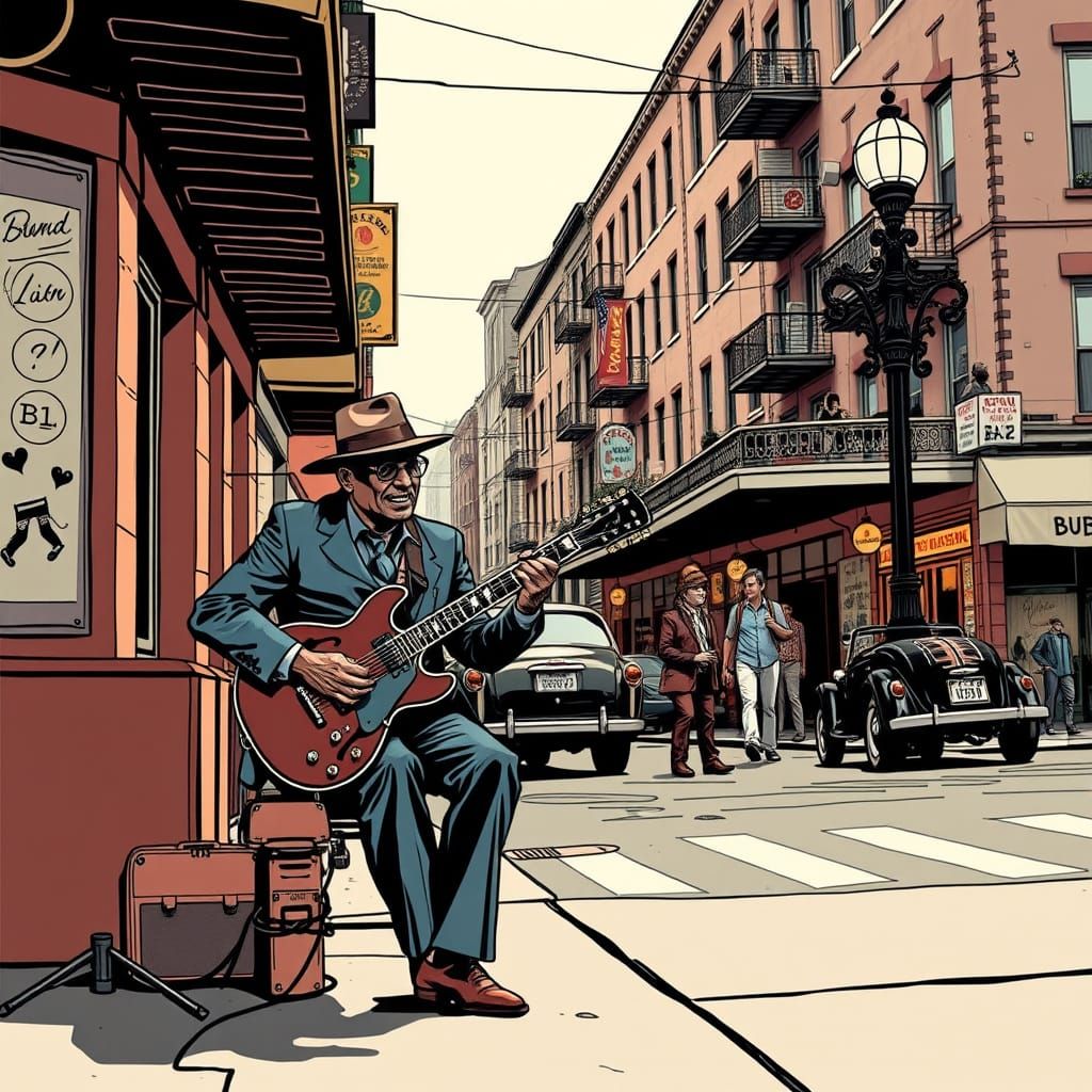Bluesman on New Orleans Streets in Retro Comic Style