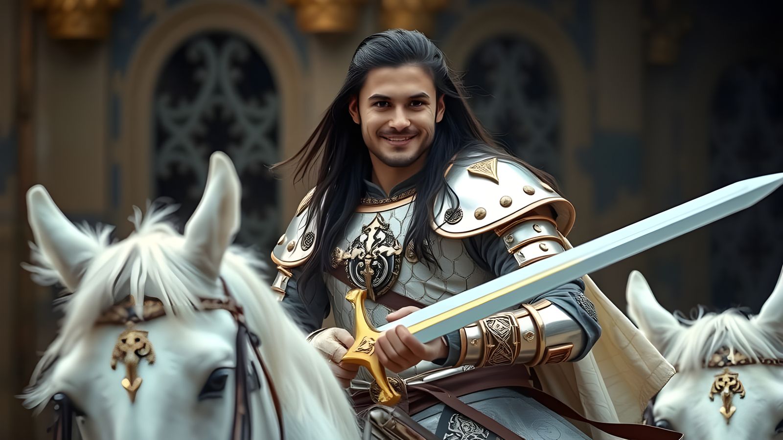 Armored Knight on White Horse with Sword