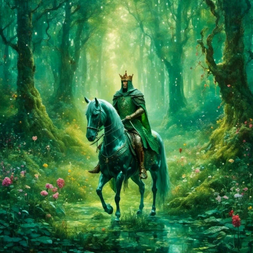 Green Knight Gouache Painting in Impressionist Style
