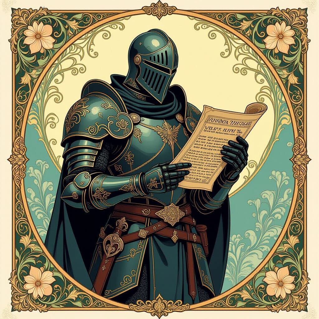 Dark Knight Warlord with Scroll in Art Nouveau Style
