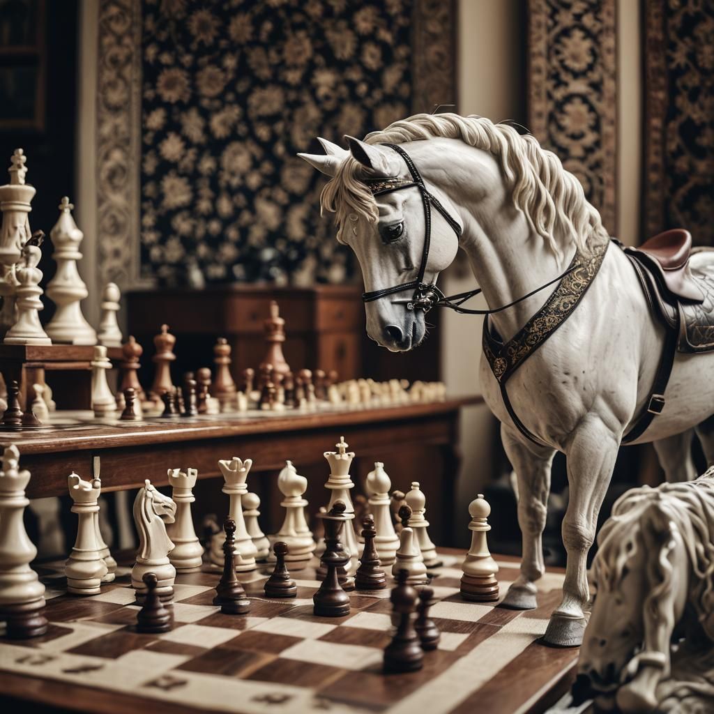 White Horse Plays Chess in Luxurious Study