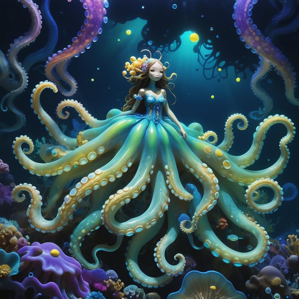 Bioluminescent Mermaid with Octopus in Digital Art Style