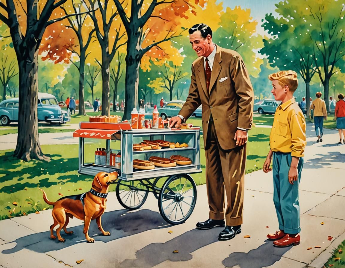 1950s Hot Dog Cart Scene in Park