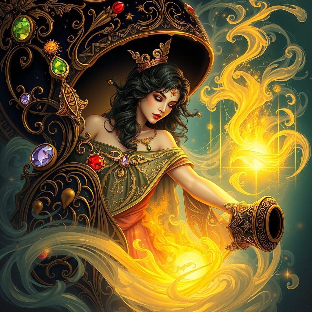 Surreal Art Nouveau Genie Unfurls in Golden Light