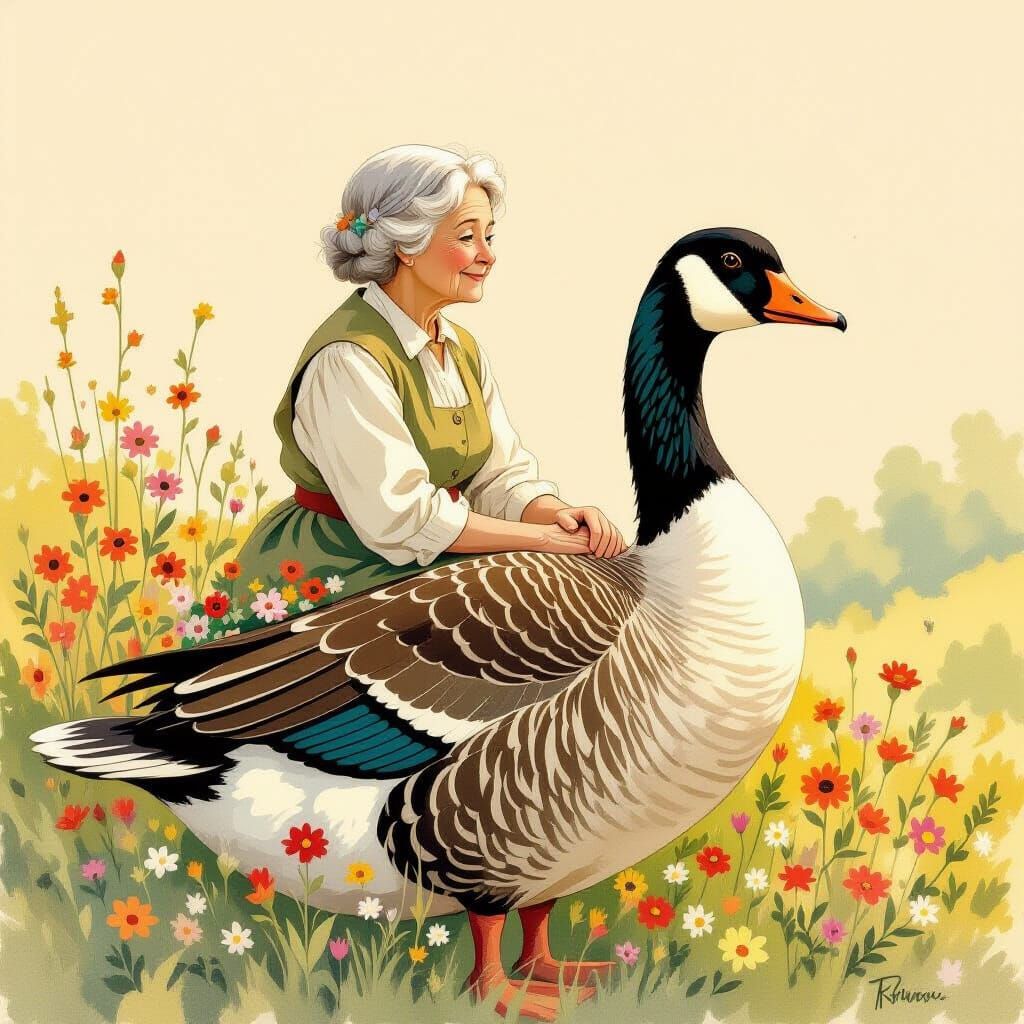 Kind Woman Rides Majestic Goose in Storybook Style