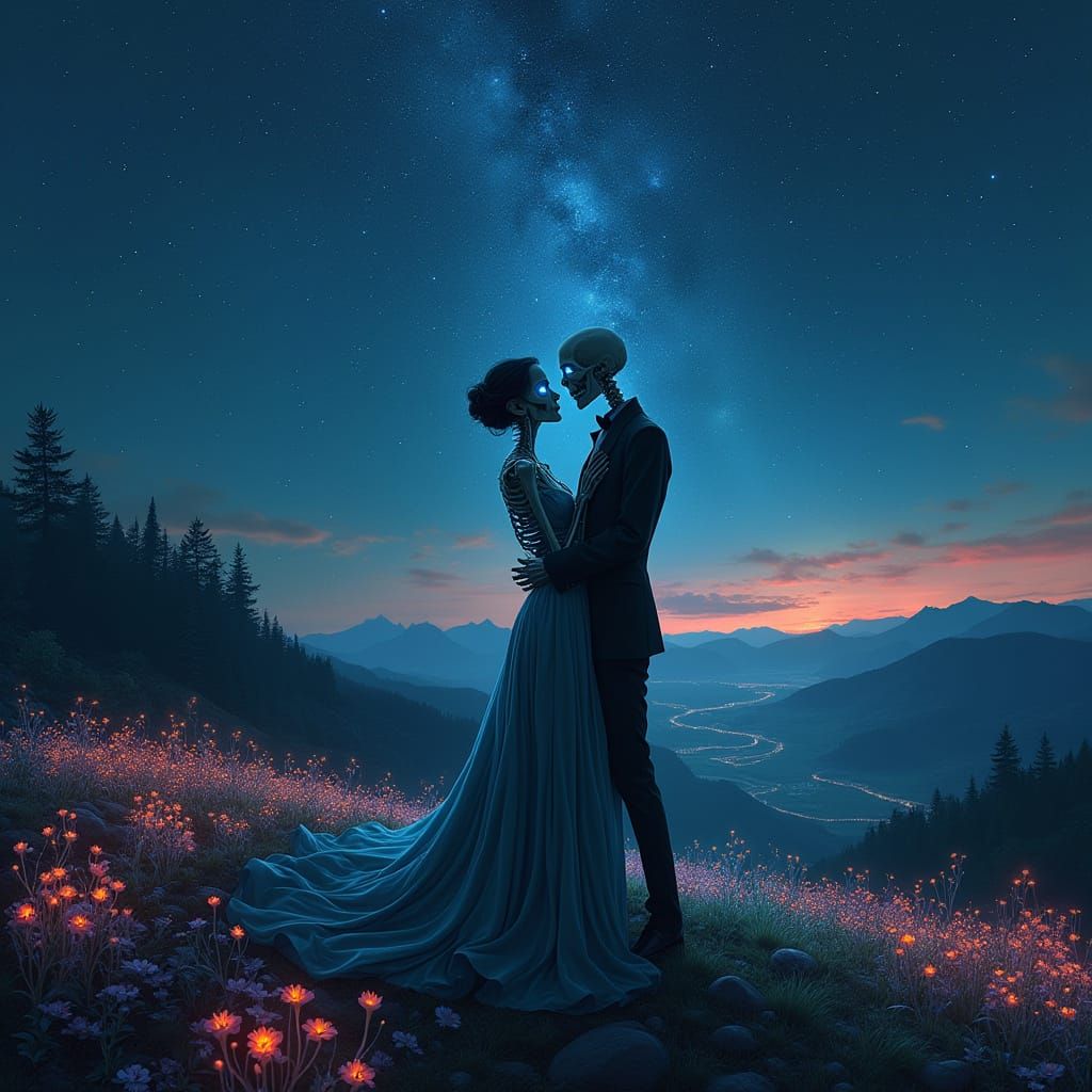 Skeletal Lovers Embrace Under Starry Night Sky