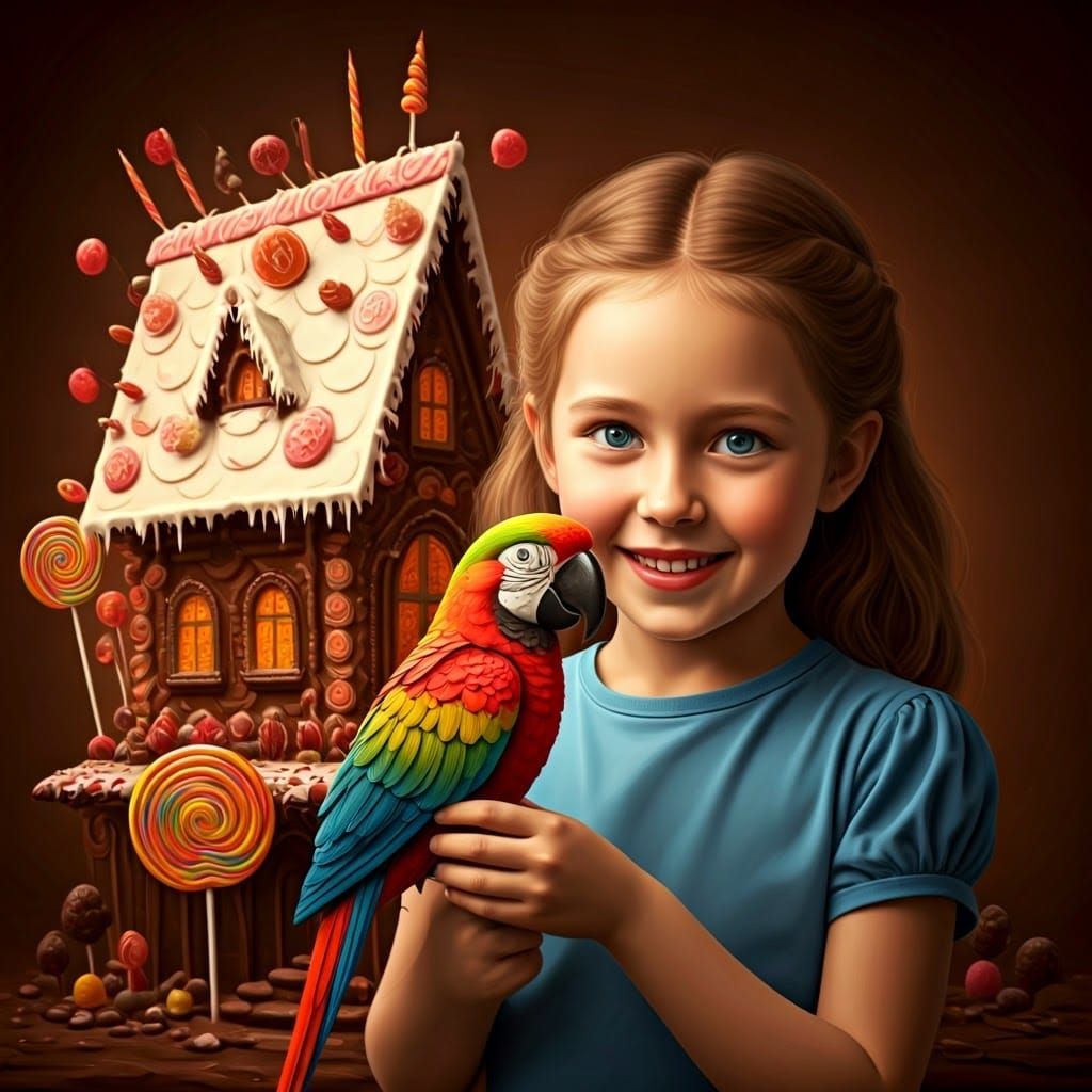 Girl Holds Chocolate Parrot in Whimsical Chocolate Wonderlan...