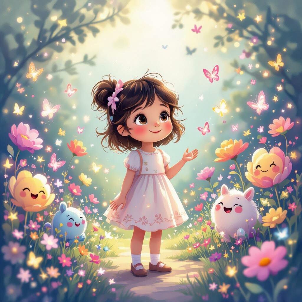 Girl Discovering Magical Secret Garden with Talking Flowers