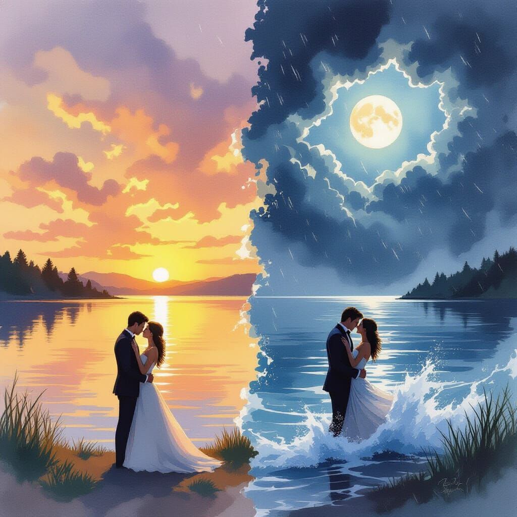 Romantic Couple: Serene Sunset and Stormy Sea