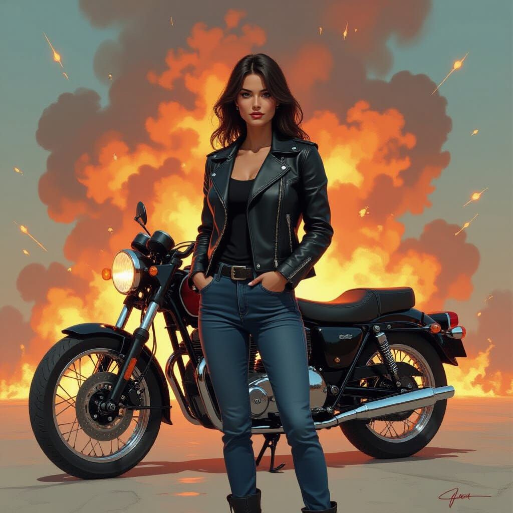 Woman, Motorcycle, and Fantasy Explosion in Retro Sci-Fi Sty...