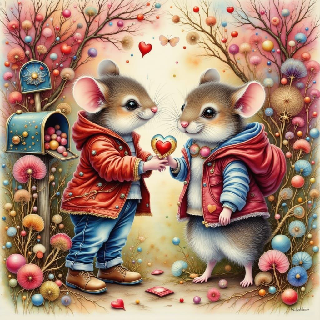 Cute Mouse Delivering Valentine's Mail in Watercolor Style