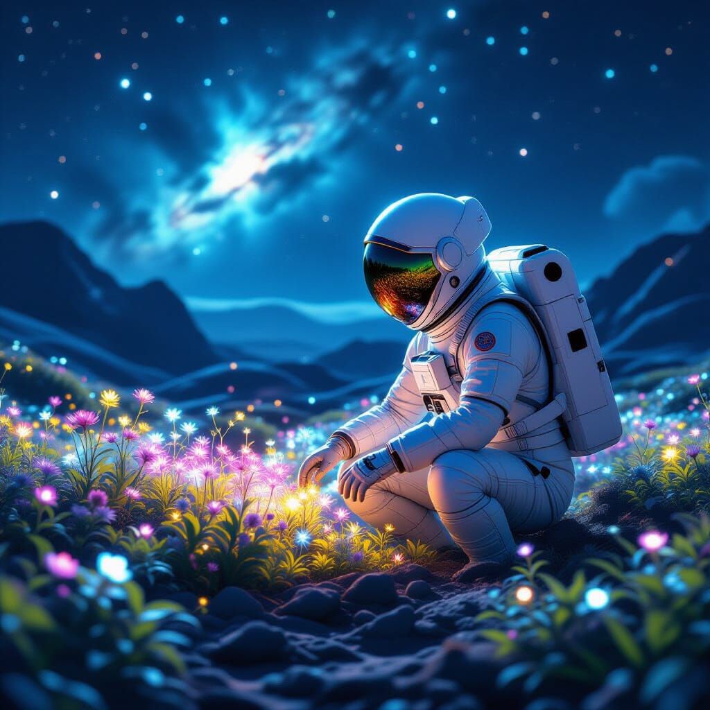 Astronaut Tends Bioluminescent Garden on Alien Moon
