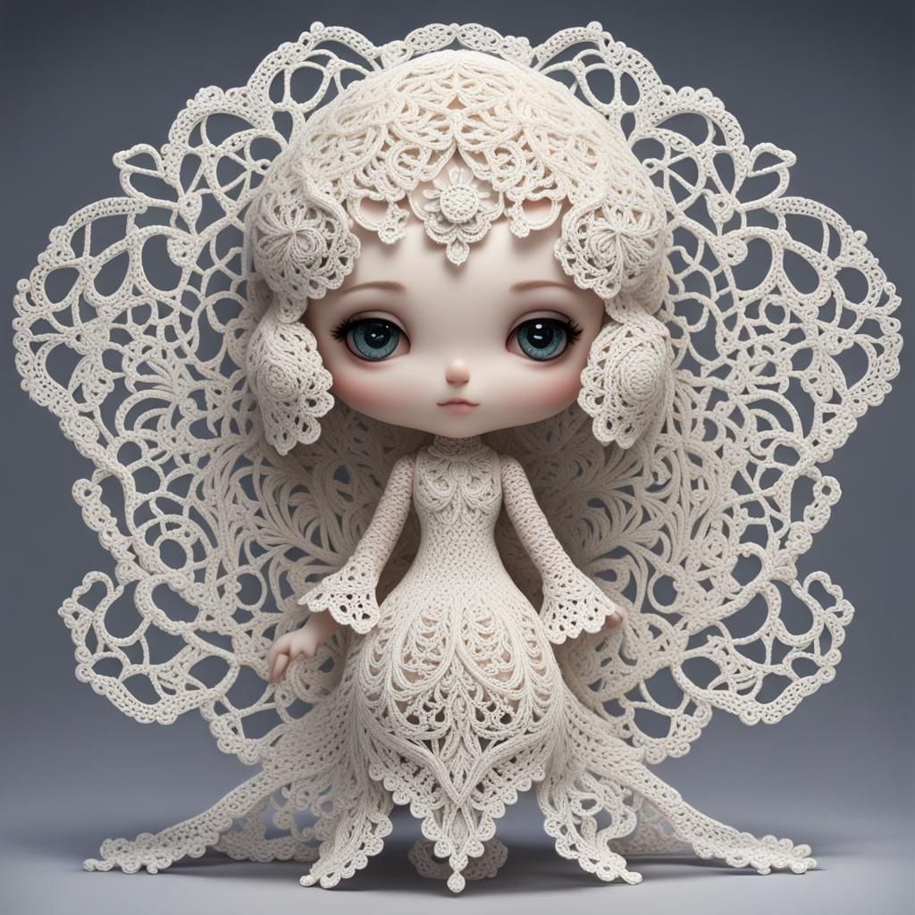 Hyperdetailed Crocheted Lace Filigree With Chibi Elemental
