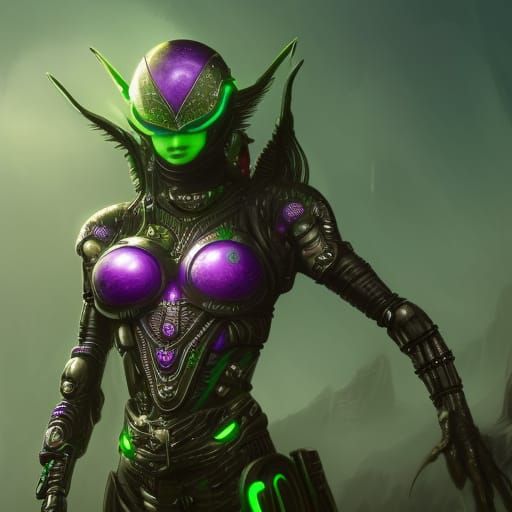 Cyborg Elf with Green Eyes in Detailed Digital Art