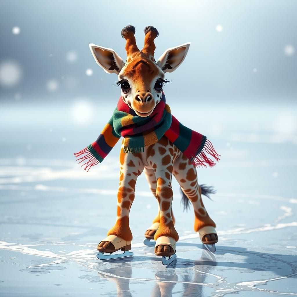 Adorable Toddler Giraffe Skates on Ice in Vibrant Hyperreali...