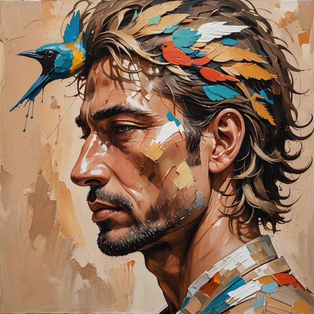 Abstract Acrylic Man with Bird: Hyperrealistic Splash Art
