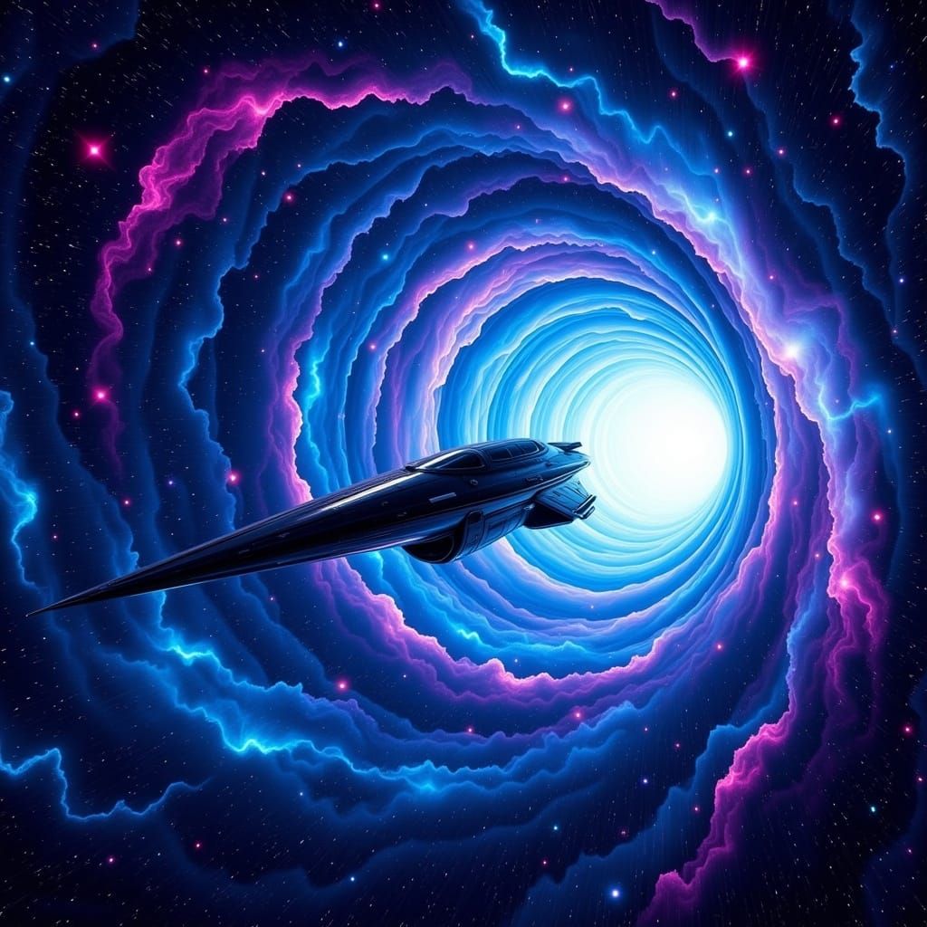 Spaceship Journey Through Hyperspace Tunnel
