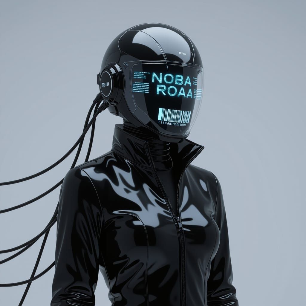 Futuristic Figure with Digital Helmet in High-Tech Style