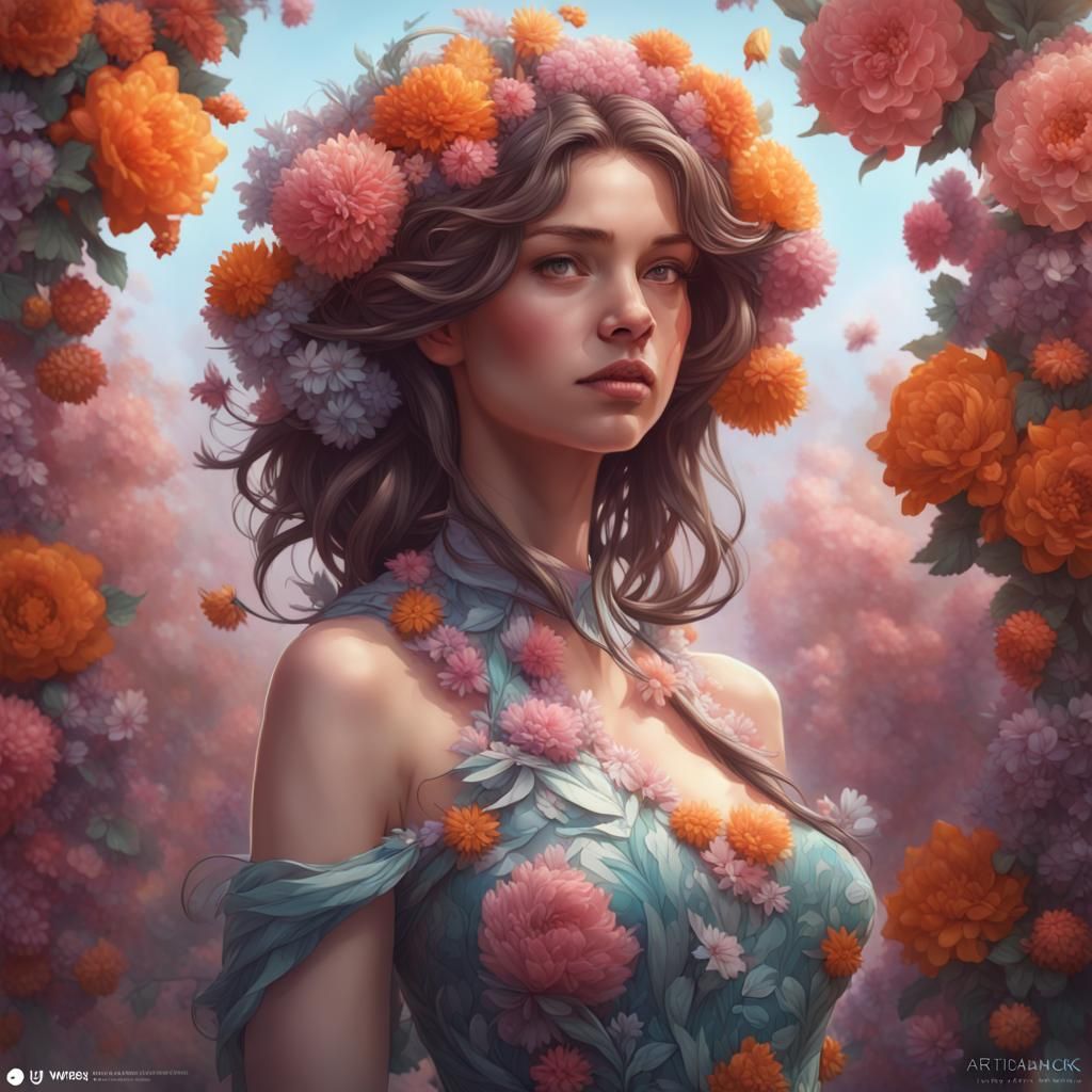 Flower Dress Portrait in Hyperdetailed Splash Art Style