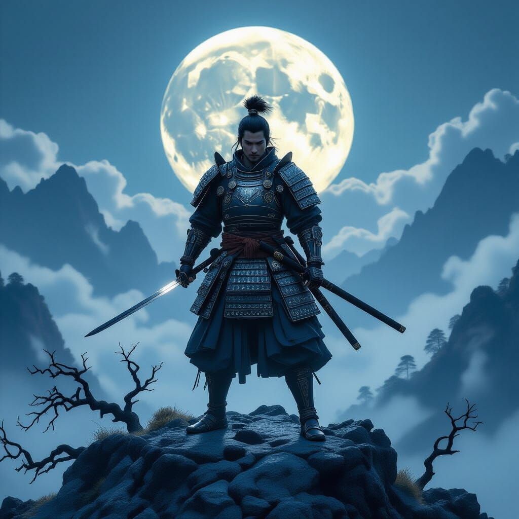 Samurai Warrior on Mountain Peak in Moonlight