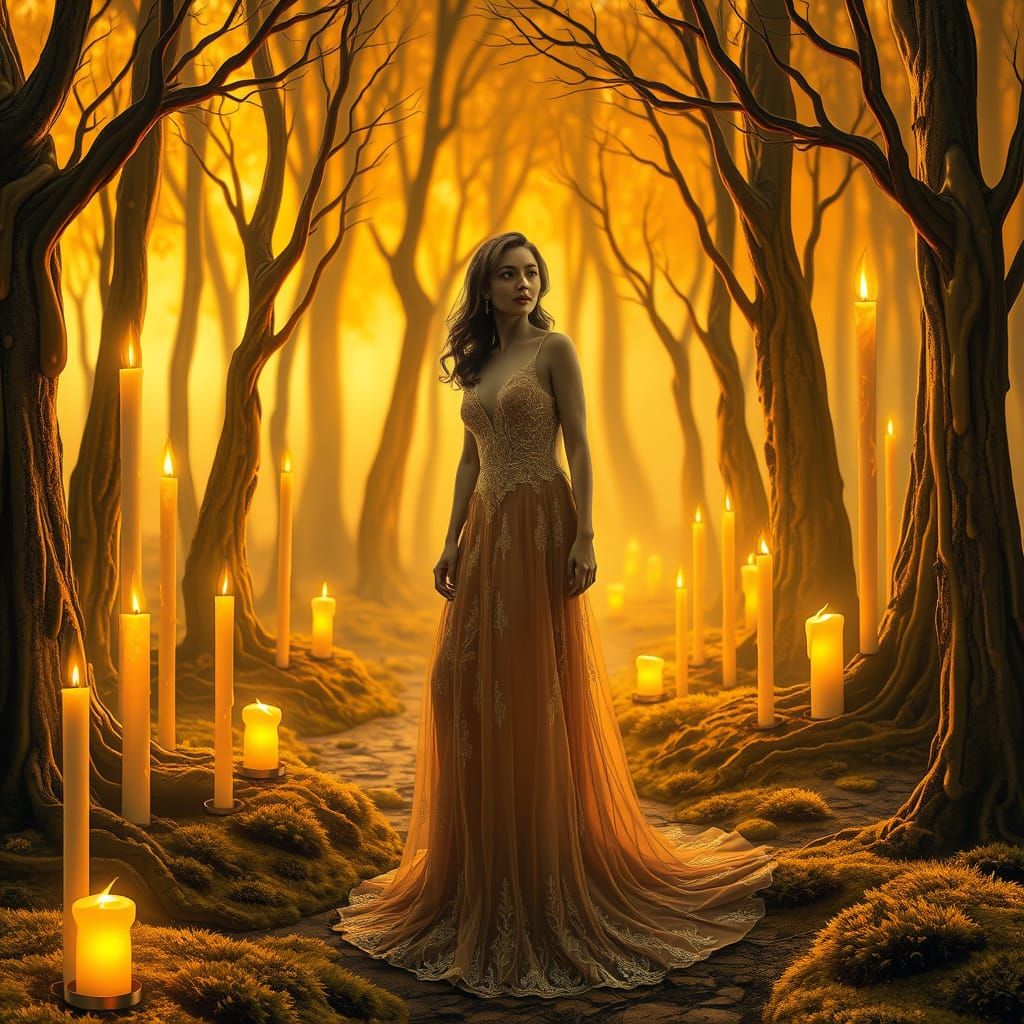 Ethereal Lady in Laced Dress in Dreamlike Art Nouveau Landsc...