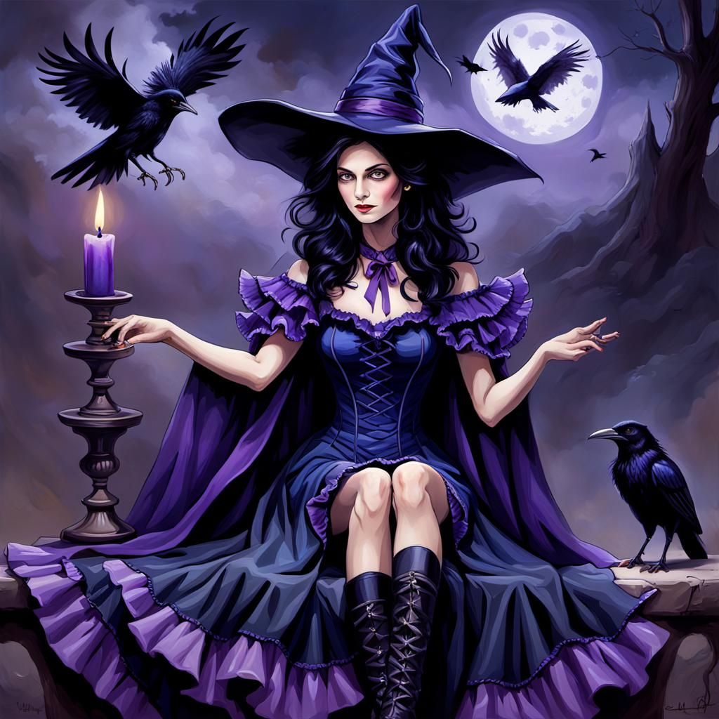 Enchanting Witch with Crow: Realistic Oil Painting