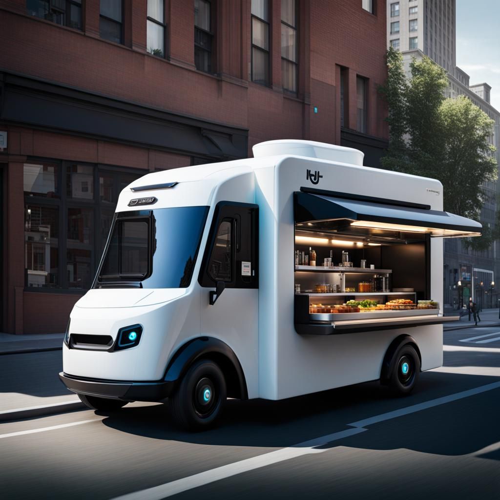 Futuristic Food Truck with Robot Waiters: Ink Painting