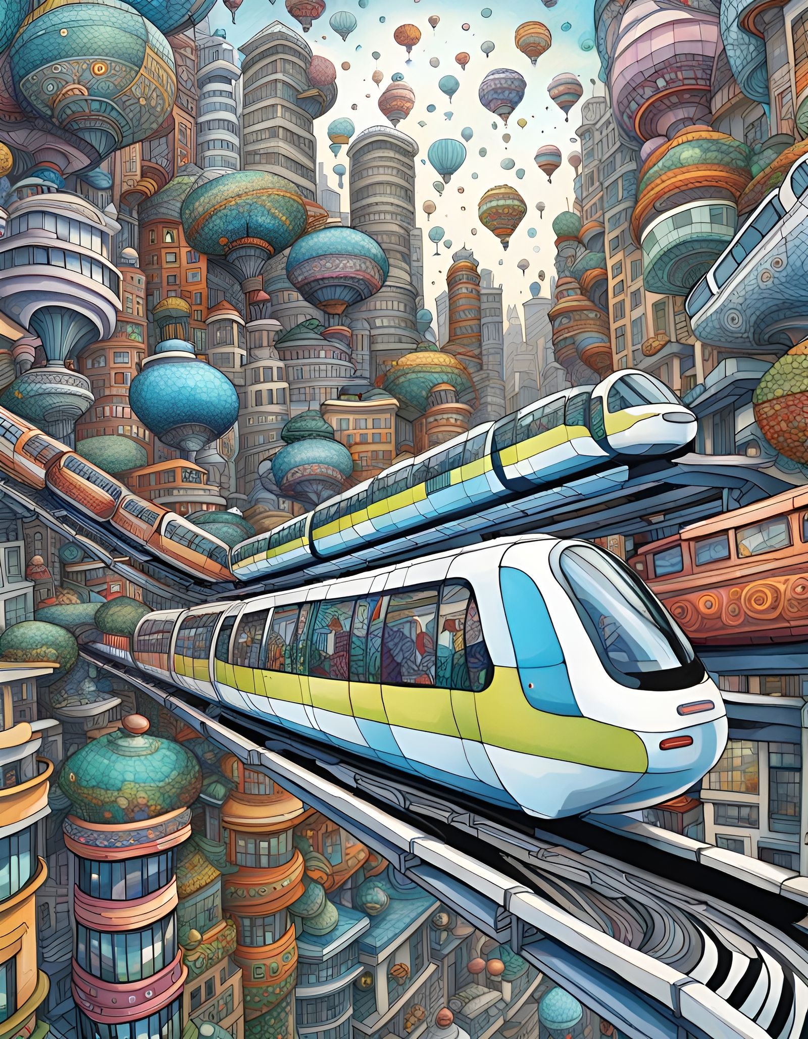 Futuristic Zentangle Monorail Through a Busy City