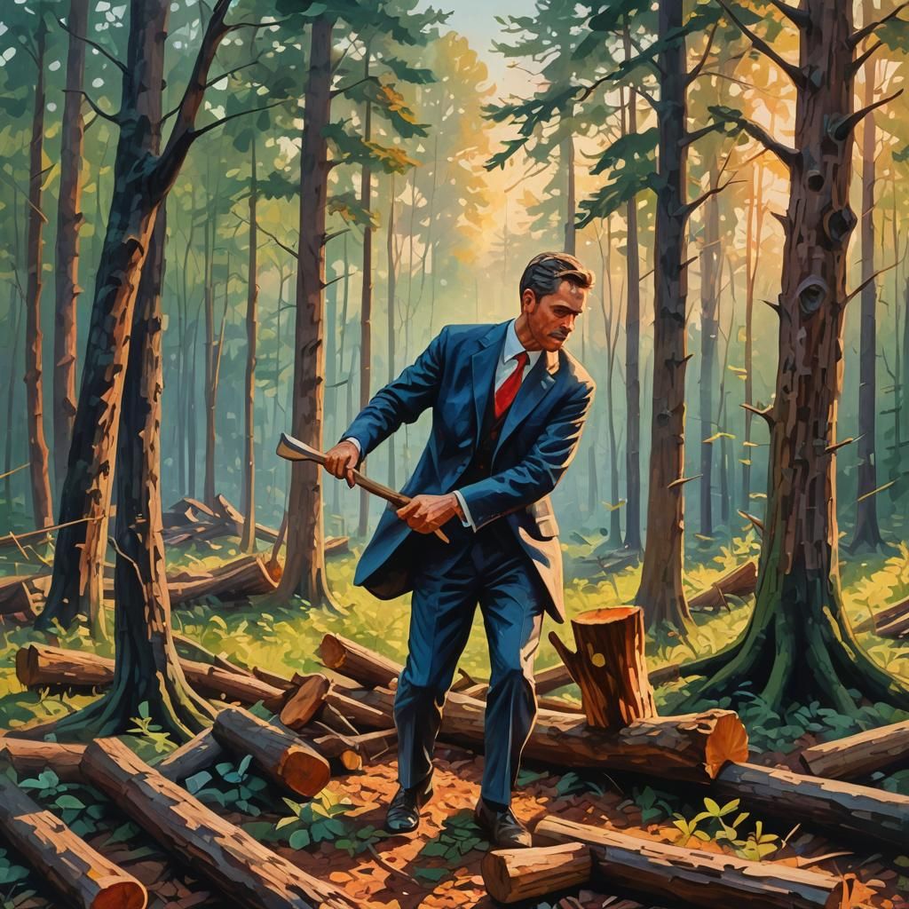 Man Chopping Wood in Impressionist Gouache Style