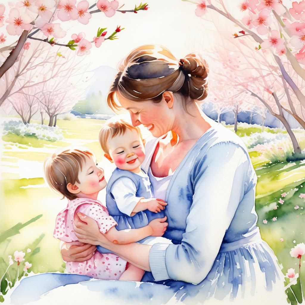 Mother and Child in Sunlit Garden