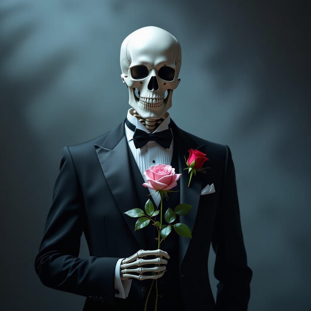 Elegant Skeleton Posing with Rose in Gothic Noir Style