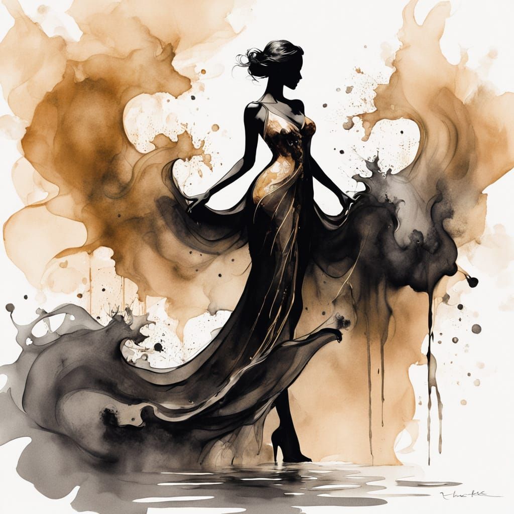 Dreamlike Ink Wash Portrait with Shimmering Golden Accents