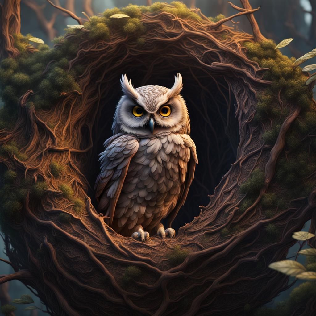 Detailed Owl Nest in a Fantasy Concept Art Style
