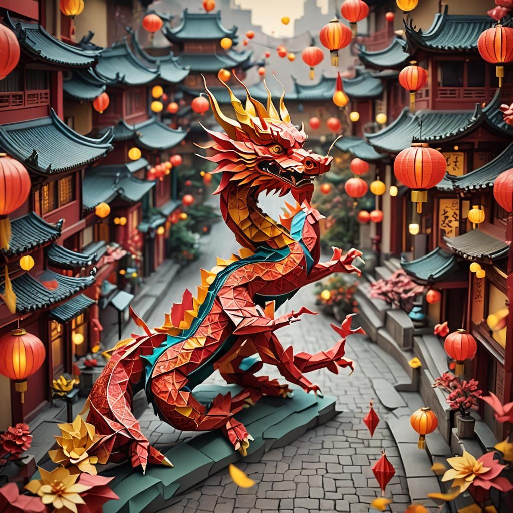 Chinese Dragon in Origami Paper Art Street