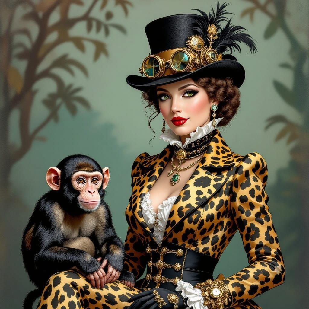 Steampunk Lady in Leopard and Zebra Print with Mischievous M...