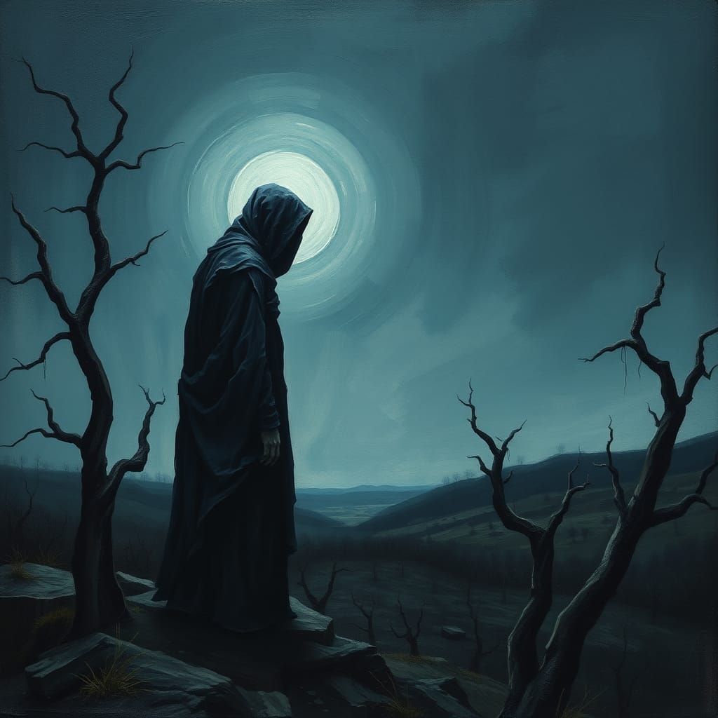 Melancholy Figure in Desolate Landscape