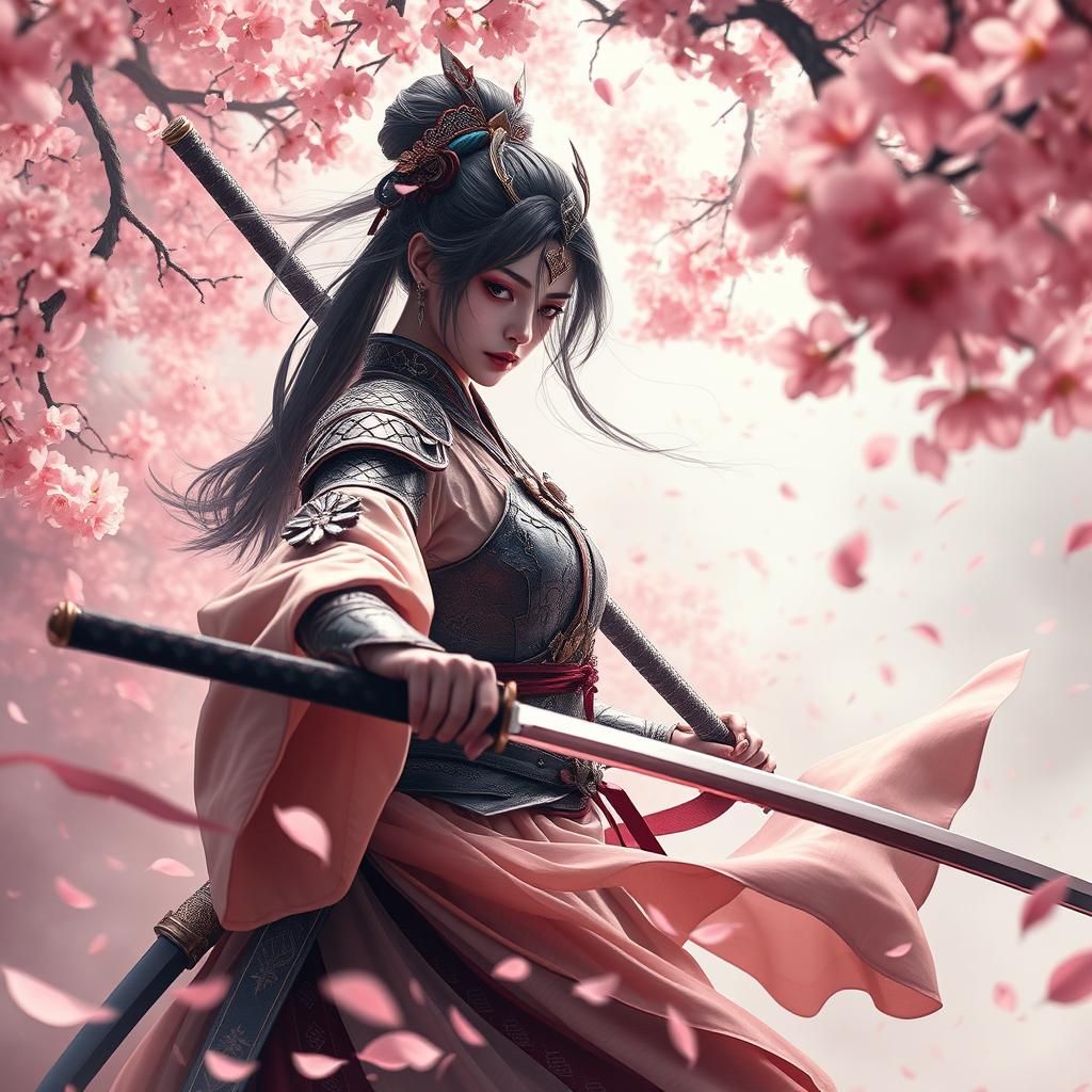 Elegant Blind Swordswoman in Cherry Blossom Vortex